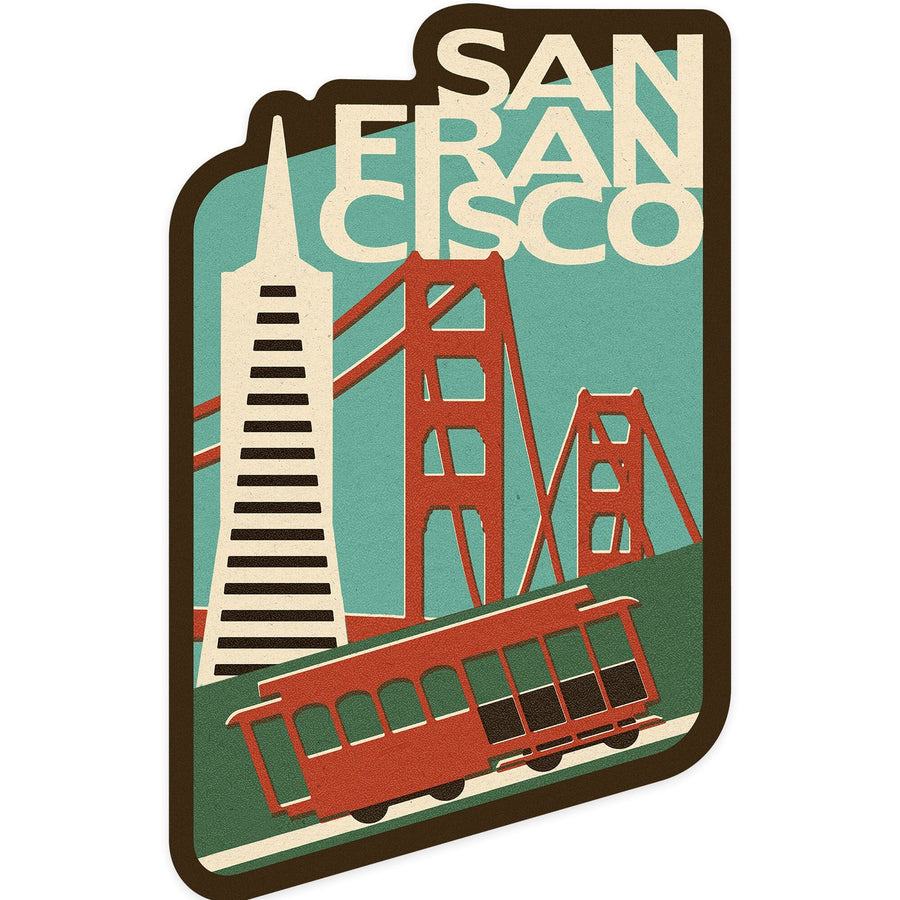 San Francisco, California, Woodblock, Contour, Lantern Press Artwork, Vinyl Sticker Sticker Lantern Press 