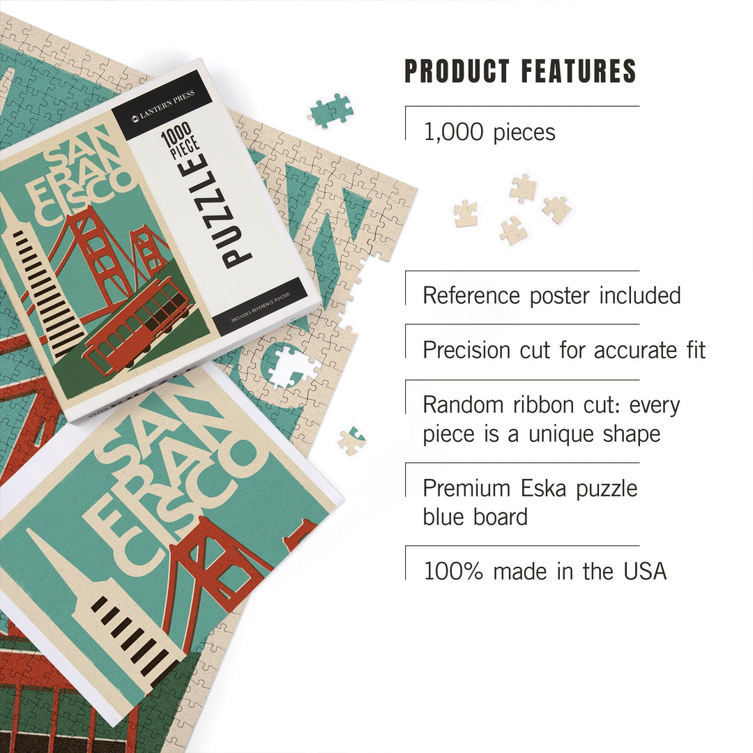 San Francisco, California, Woodblock, Jigsaw Puzzle Puzzle Lantern Press 