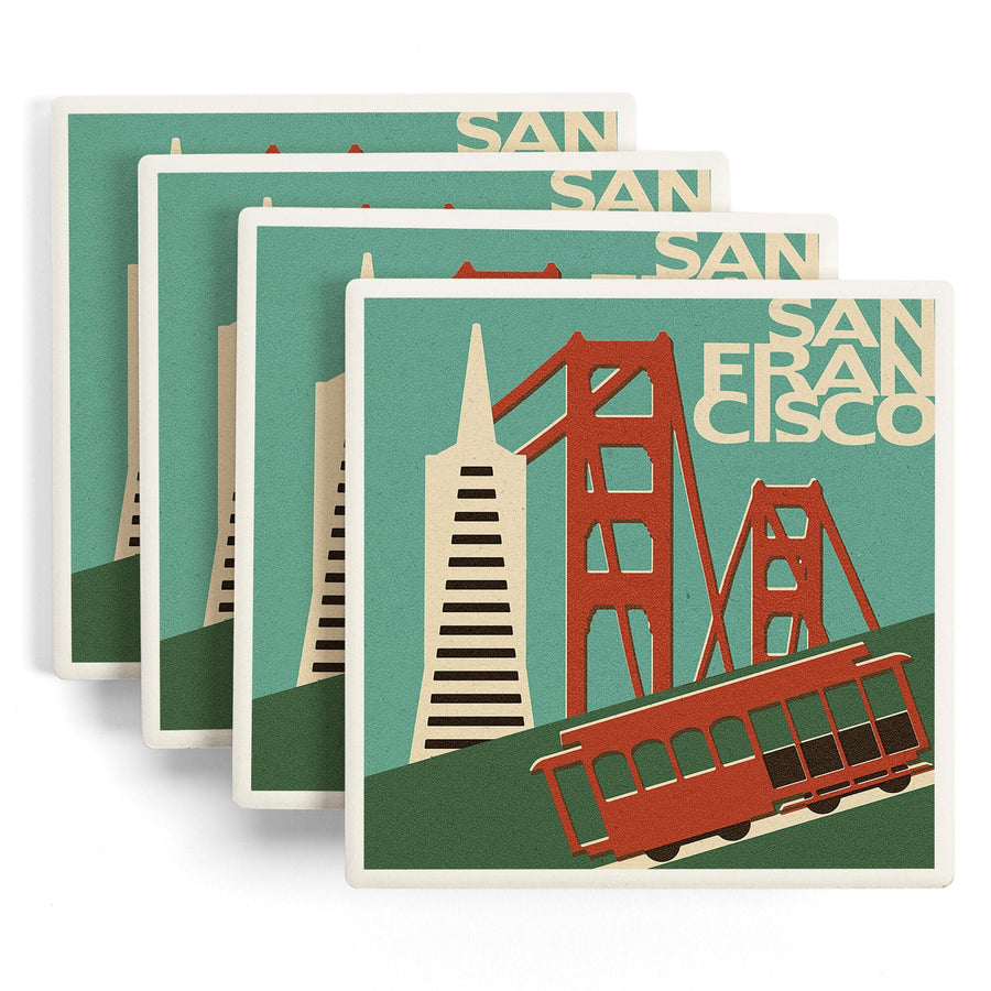 San Francisco, California, Woodblock, Lantern Press Artwork, Coaster Set Coasters Lantern Press 