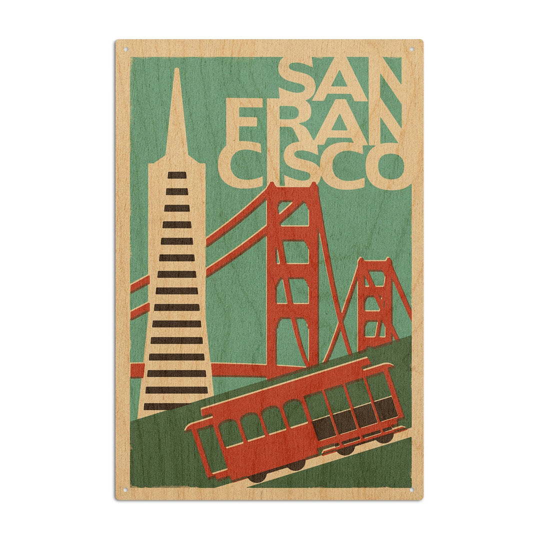 San Francisco, California, Woodblock, Lantern Press Artwork, Wood Signs and Postcards Wood Lantern Press 10 x 15 Wood Sign 