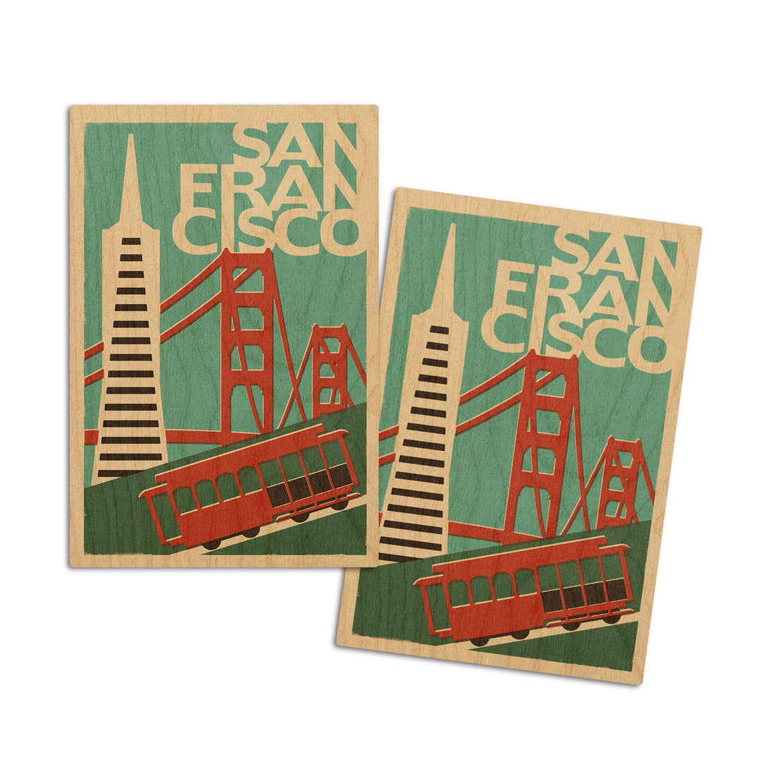 San Francisco, California, Woodblock, Lantern Press Artwork, Wood Signs and Postcards Wood Lantern Press 4x6 Wood Postcard Set 