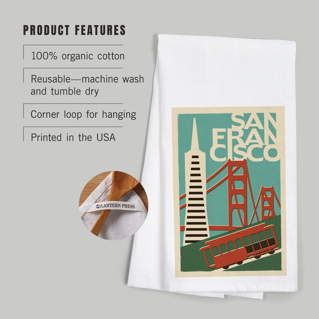 San Francisco, California, Woodblock, Organic Cotton Kitchen Tea Towels Kitchen Lantern Press 