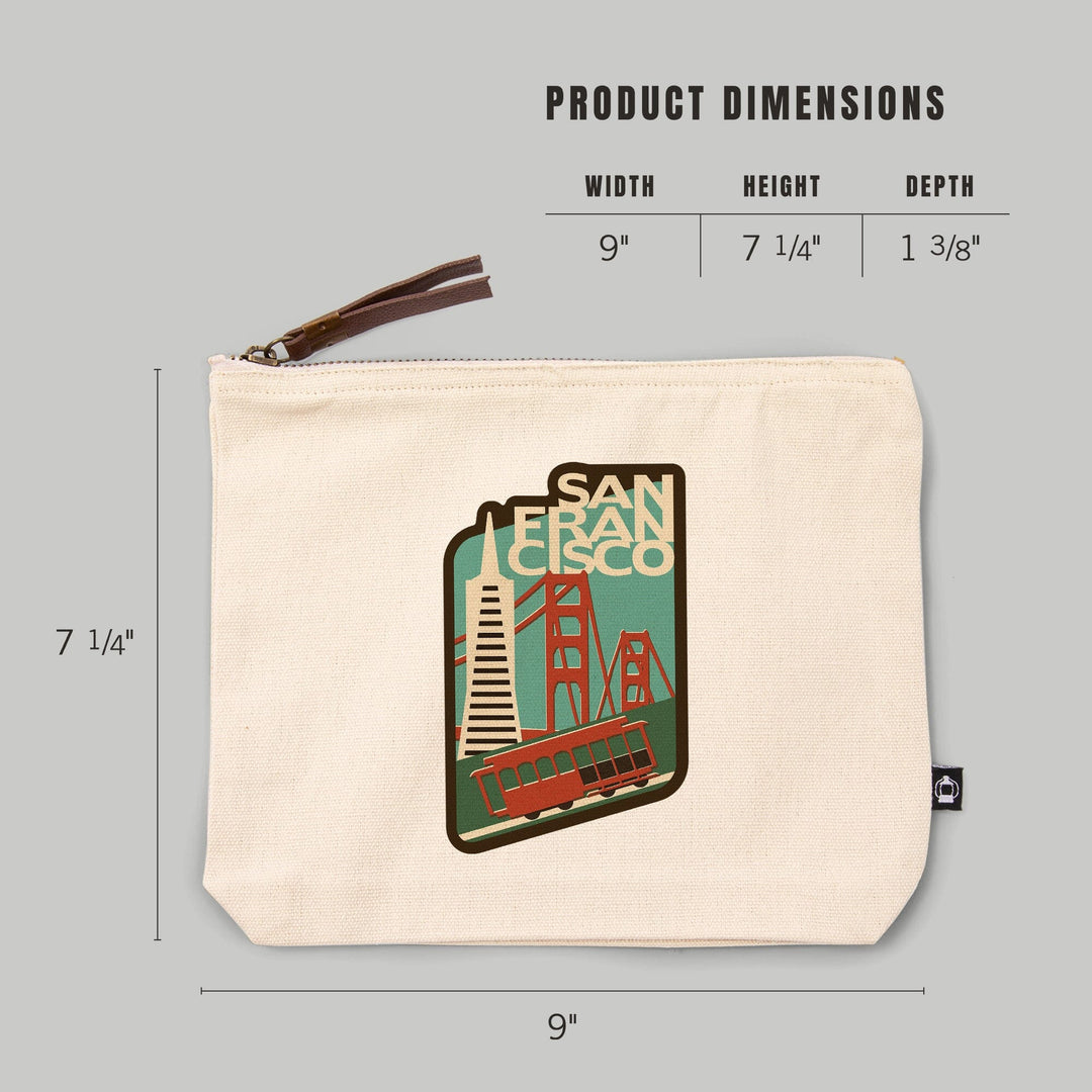 San Francisco, California, Woodblock,, Organic Cotton Zipper Pouch, Go Bag Go Bag Lantern Press 