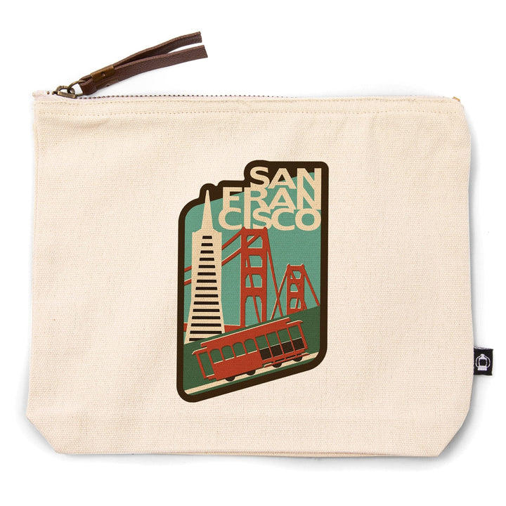 San Francisco, California, Woodblock,, Organic Cotton Zipper Pouch, Go Bag Go Bag Lantern Press 