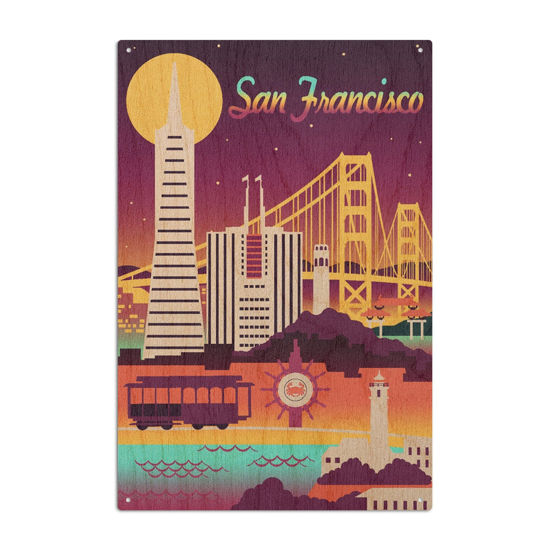 San Francisco, Retro Skyline Chromatic Series, Lantern Press Artwork, Wood Signs and Postcards Wood Lantern Press 10 x 15 Wood Sign 