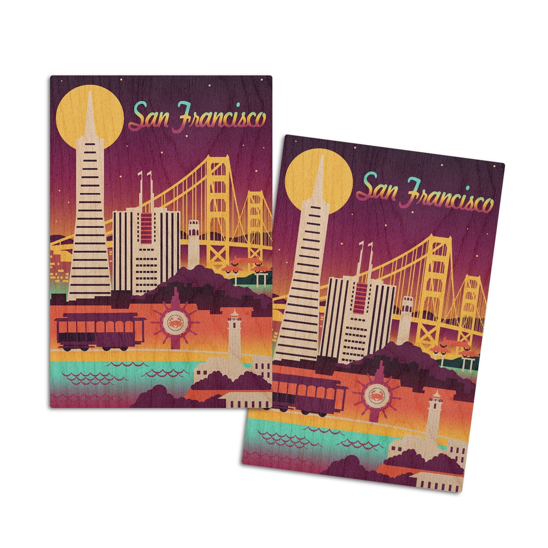 San Francisco, Retro Skyline Chromatic Series, Lantern Press Artwork, Wood Signs and Postcards Wood Lantern Press 4x6 Wood Postcard Set 