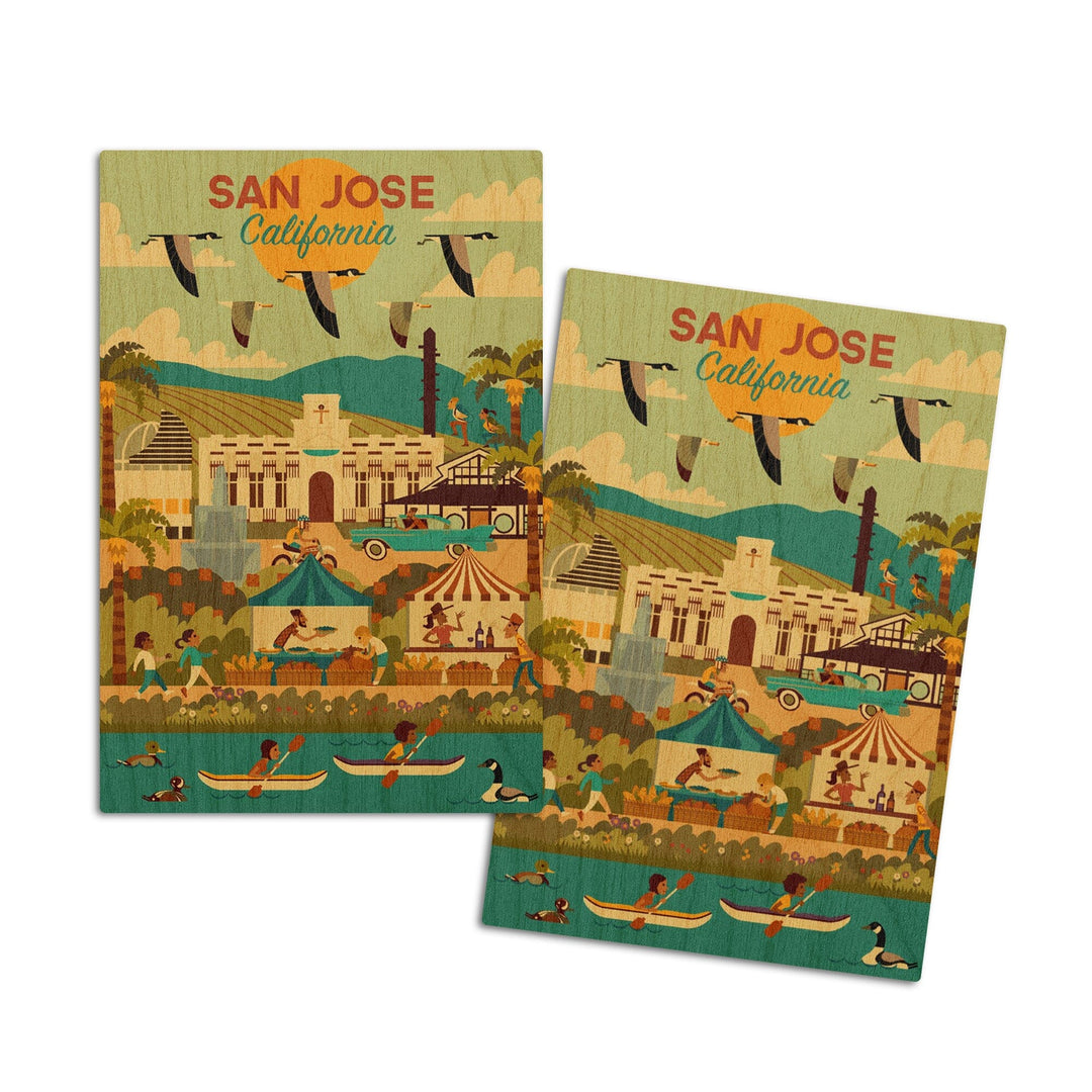 San Jose, California, Geometric City Series, Lantern Press Artwork, Wood Signs and Postcards Wood Lantern Press 4x6 Wood Postcard Set 