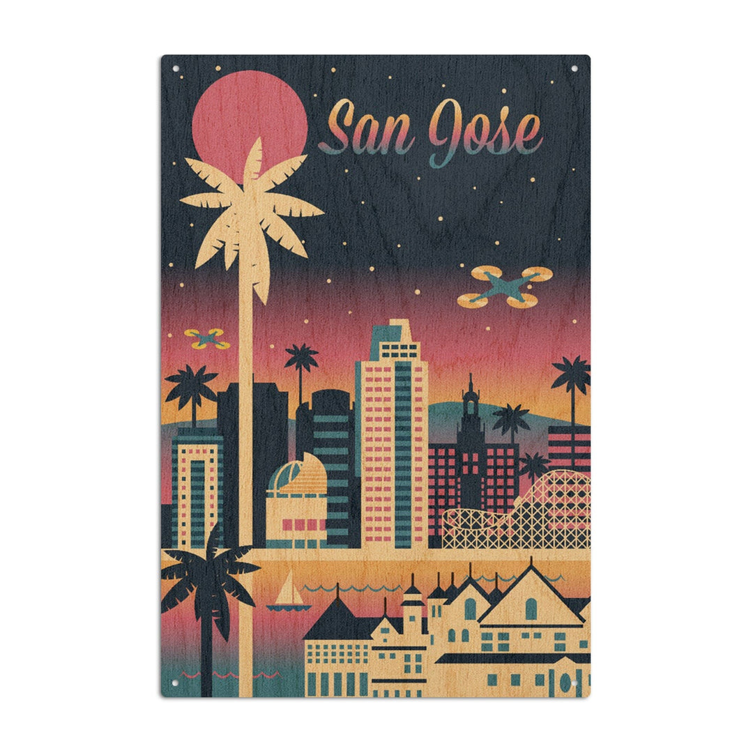 San Jose, California, Retro Skyline Chromatic Series, Lantern Press Artwork, Wood Signs and Postcards Wood Lantern Press 6x9 Wood Sign 