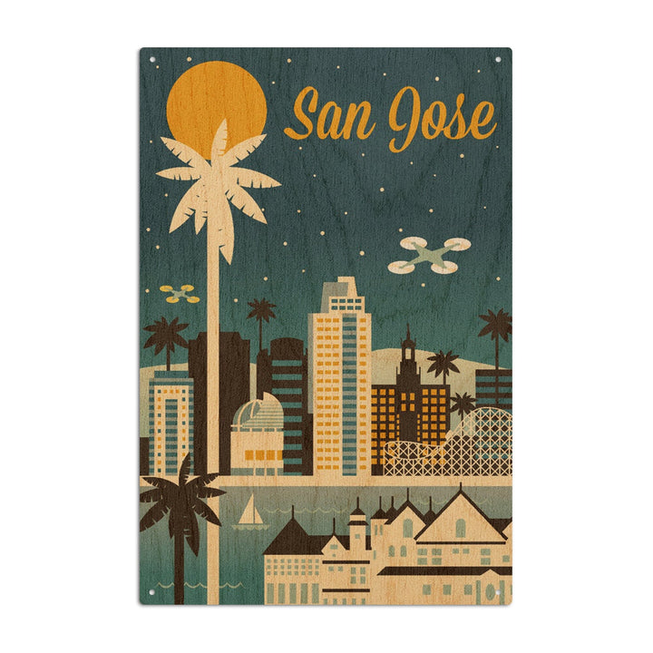 San Jose, California, Retro Skyline Series, Lantern Press Artwork, Wood Signs and Postcards Wood Lantern Press 10 x 15 Wood Sign 