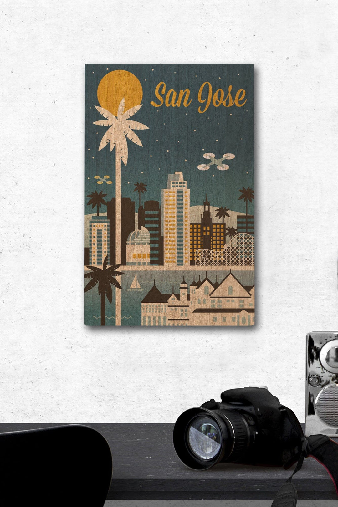 San Jose, California, Retro Skyline Series, Lantern Press Artwork, Wood Signs and Postcards Wood Lantern Press 12 x 18 Wood Gallery Print 