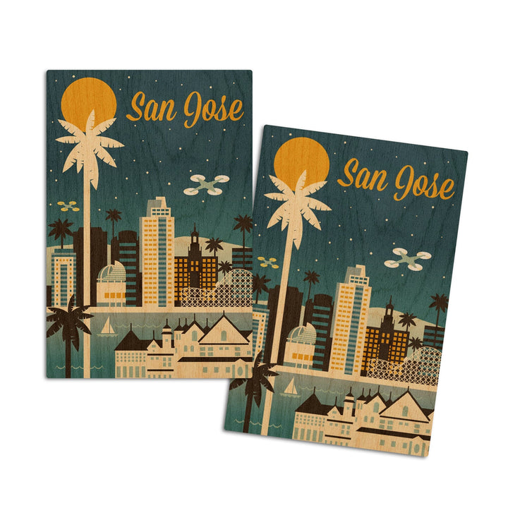 San Jose, California, Retro Skyline Series, Lantern Press Artwork, Wood Signs and Postcards Wood Lantern Press 4x6 Wood Postcard Set 