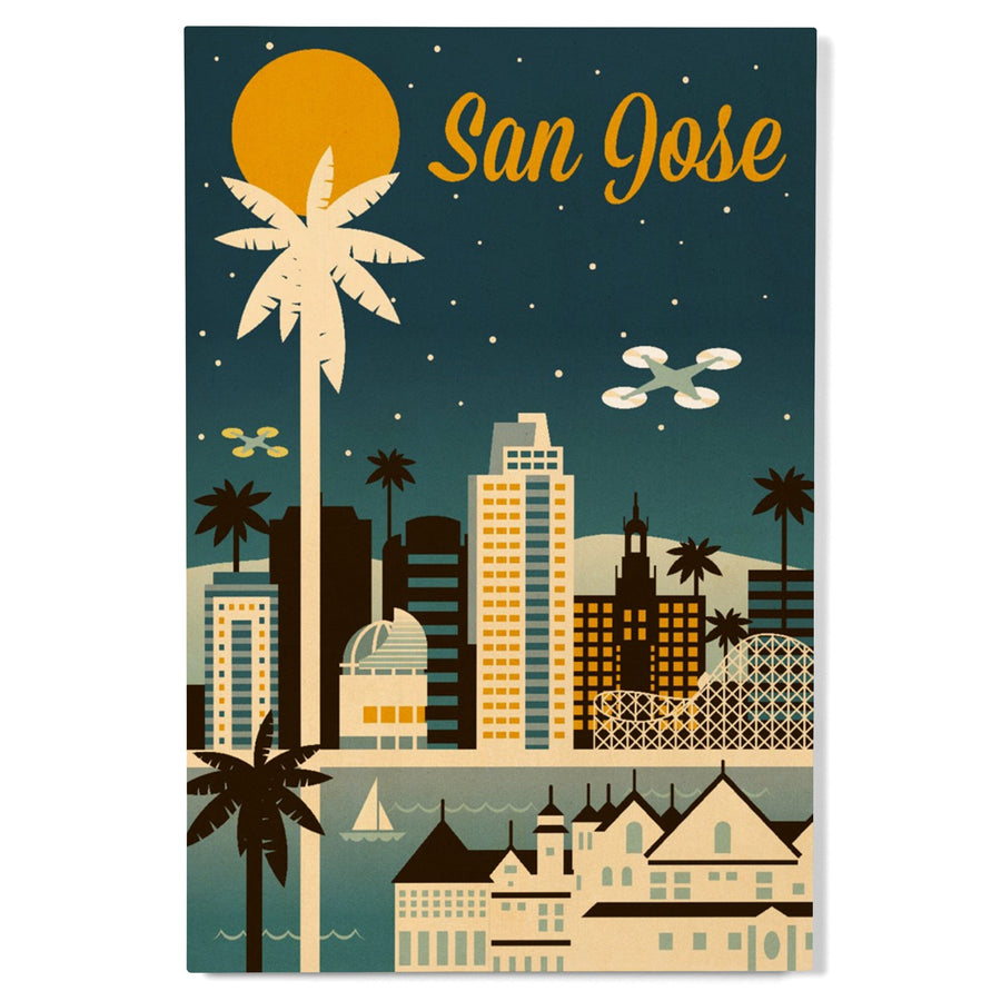 San Jose, California, Retro Skyline Series, Lantern Press Artwork, Wood Signs and Postcards Wood Lantern Press 