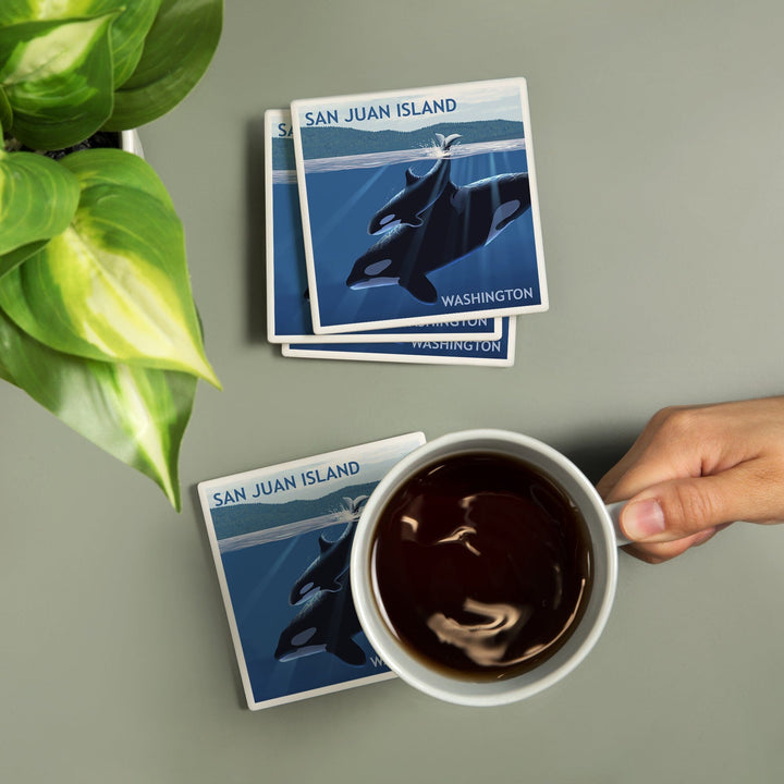 San Juan Island, Washington, Orca and Calf, Coasters Coasters Lantern Press 