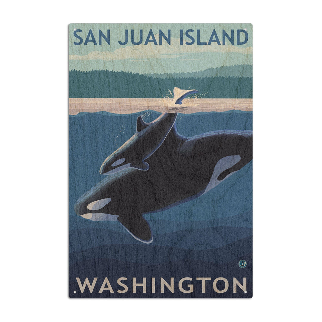 San Juan Island, Washington, Orca and Calf, Lantern Press Artwork, Wood Signs and Postcards Wood Lantern Press 10 x 15 Wood Sign 