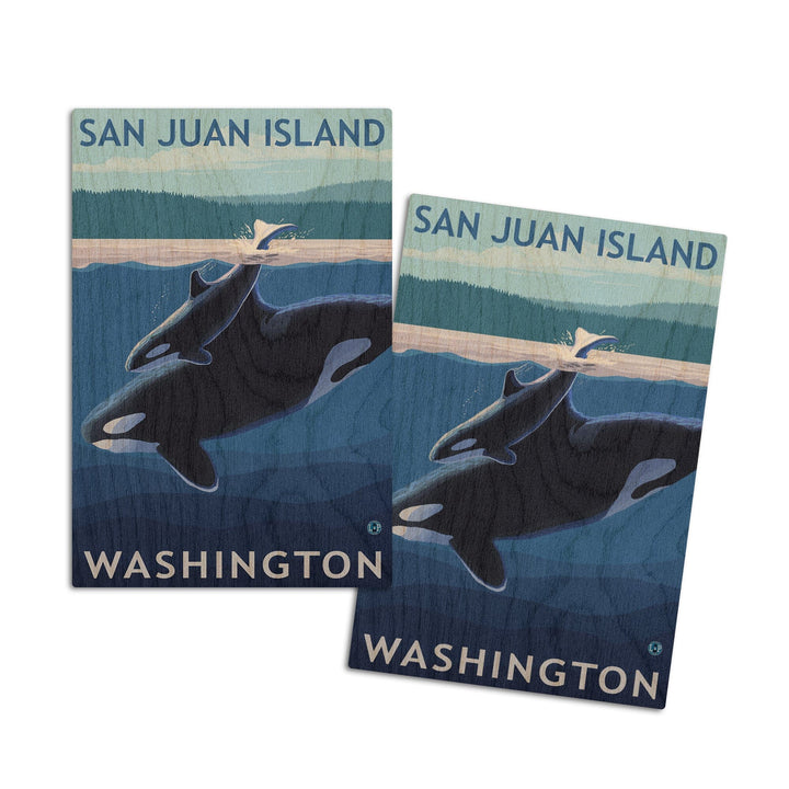 San Juan Island, Washington, Orca and Calf, Lantern Press Artwork, Wood Signs and Postcards Wood Lantern Press 4x6 Wood Postcard Set 