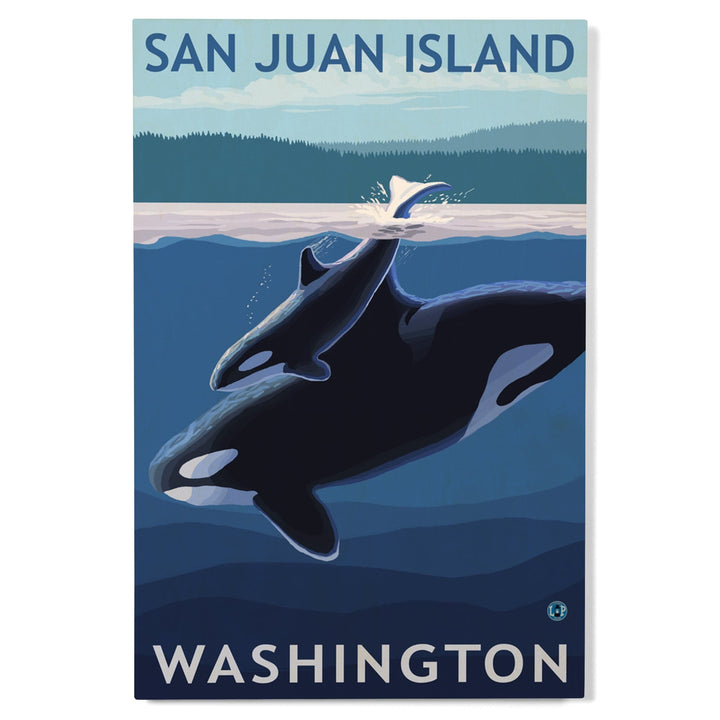 San Juan Island, Washington, Orca and Calf, Lantern Press Artwork, Wood Signs and Postcards Wood Lantern Press 