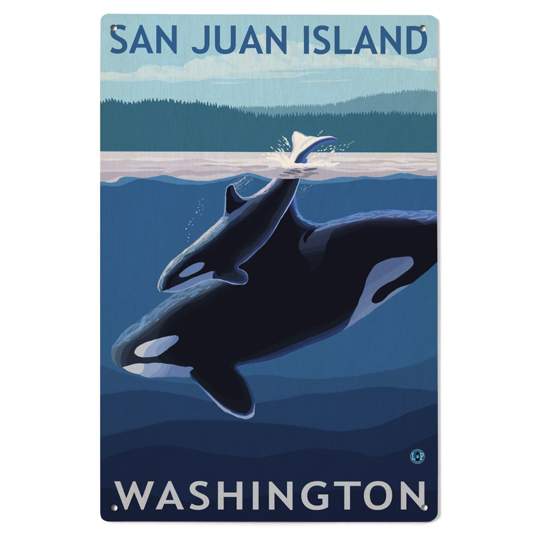 San Juan Island, Washington, Orca and Calf, Lantern Press Artwork, Wood Signs and Postcards Wood Lantern Press 