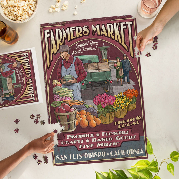 San Luis Obispo, California, Farmers Market Vintage Sign, Jigsaw Puzzle Puzzle Lantern Press 