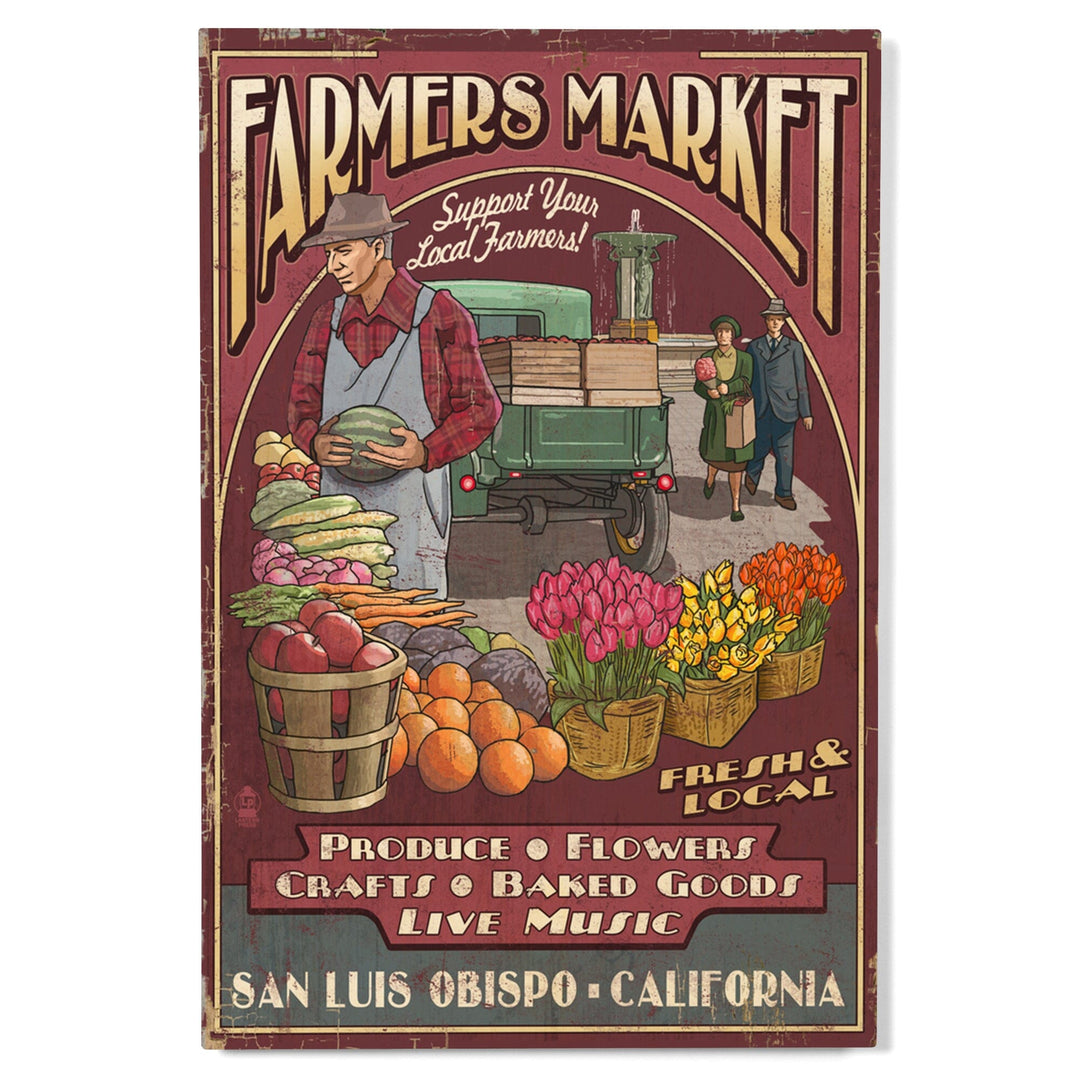 San Luis Obispo, California, Farmers Market Vintage Sign, Lantern Press Artwork, Wood Signs and Postcards Wood Lantern Press 