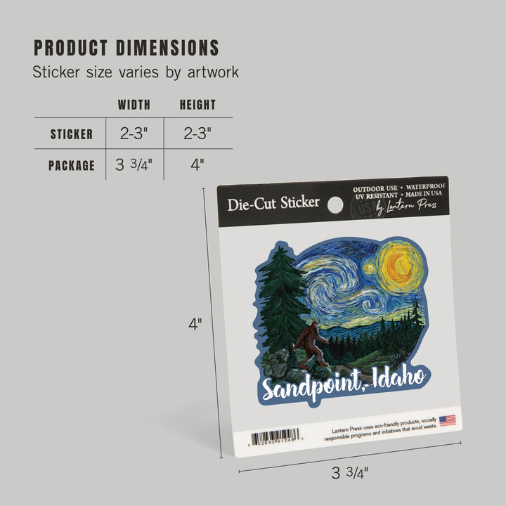 Sandpoint, Idaho, Bigfoot, Starry Night, Contour, Vinyl Sticker Sticker Lantern Press 