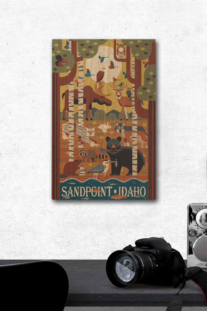 Sandpoint, Idaho, Forest Animals, Geometric, Lantern Press Artwork, Wood Signs and Postcards Wood Lantern Press 12 x 18 Wood Gallery Print 