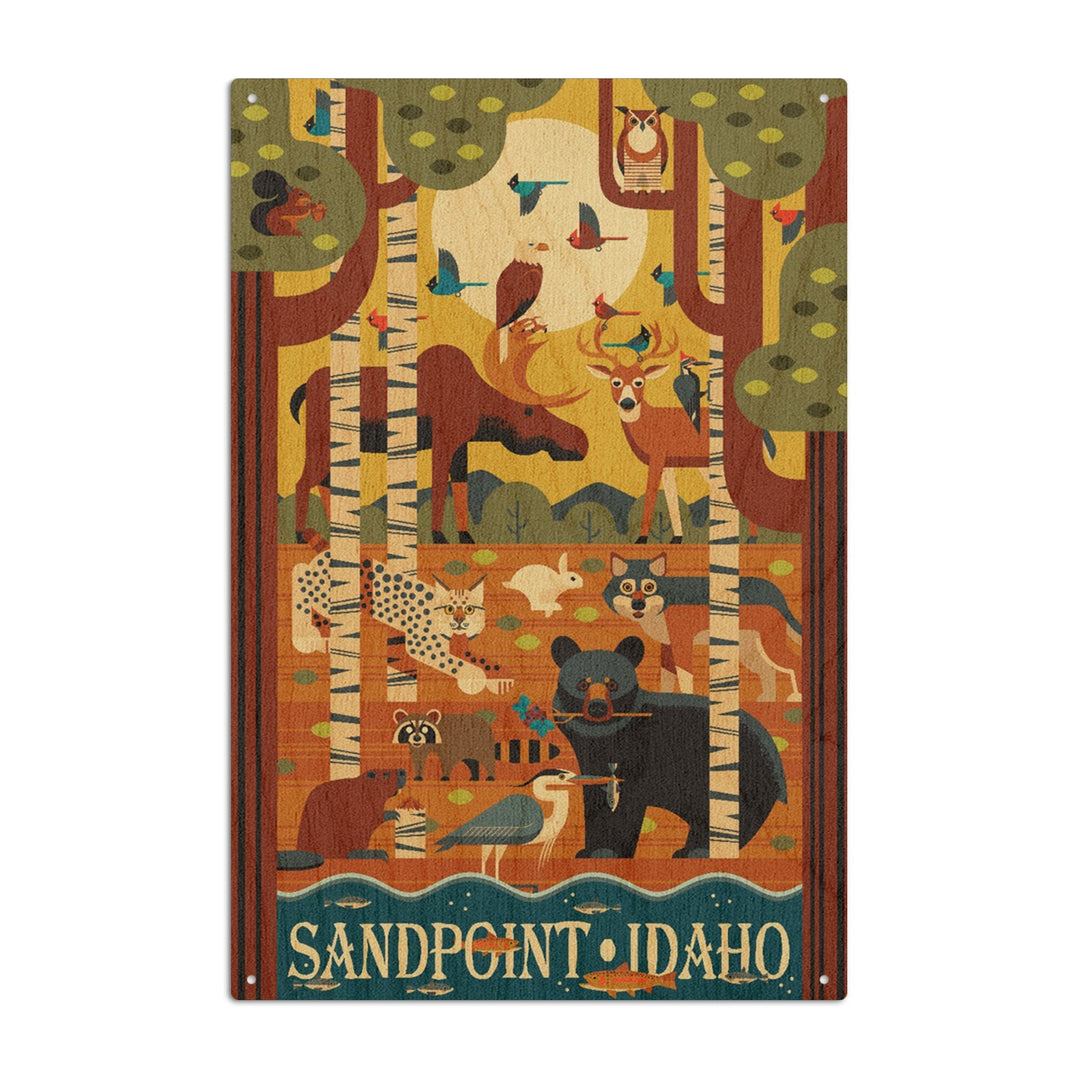 Sandpoint, Idaho, Forest Animals, Geometric, Lantern Press Artwork, Wood Signs and Postcards Wood Lantern Press 6x9 Wood Sign 