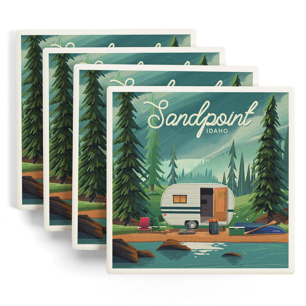 Sandpoint, Idaho, Get Outside Series, At Home Anywhere, Camper in Evergreens, Coasters Coasters Lantern Press 