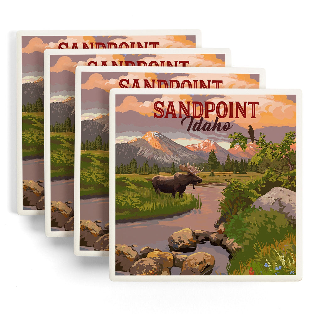 Sandpoint, Idaho, Painterly, Moose and Mountain at Sunset, Coasters Coasters Lantern Press 