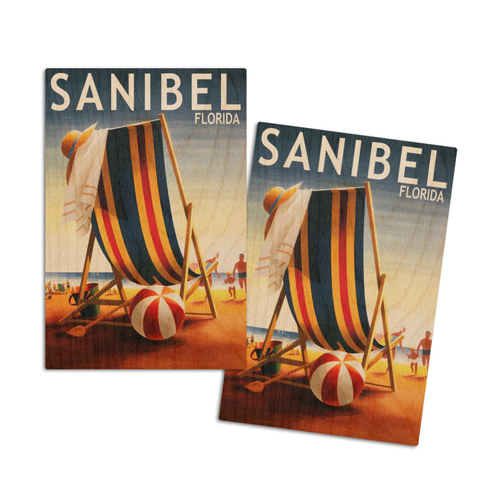 Sanibel, Florida, Beach Chair & Ball, Lantern Press Poster, Wood Signs and Postcards Wood Lantern Press 4x6 Wood Postcard Set 