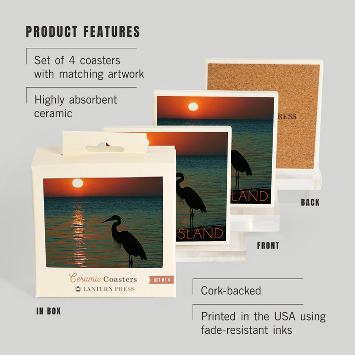 Sanibel Island, Florida, Heron & Sunset, Lantern Press Photography, Coaster Set Coasters Lantern Press 