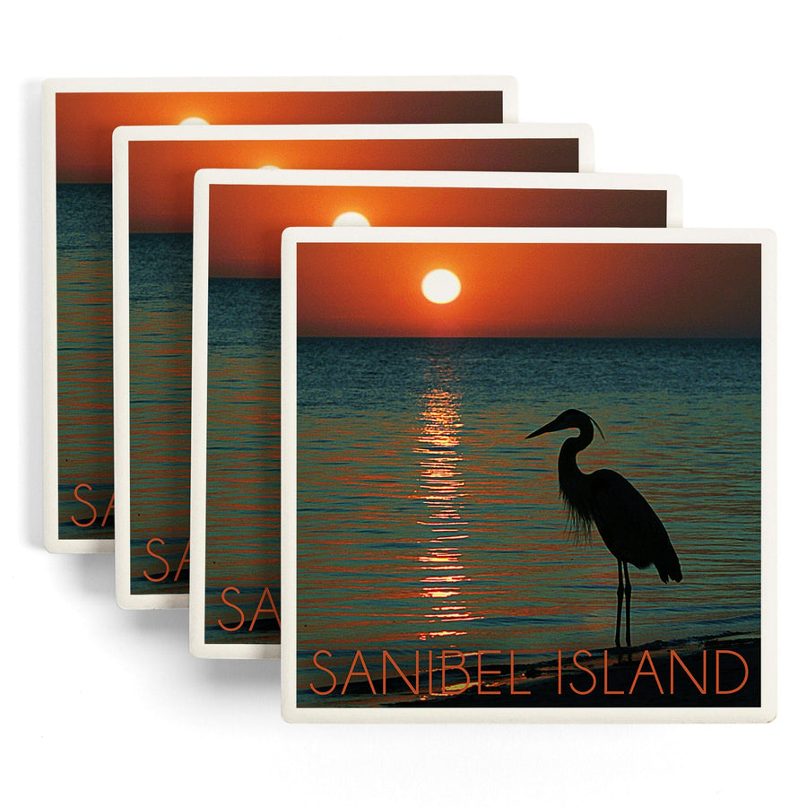 Sanibel Island, Florida, Heron & Sunset, Lantern Press Photography, Coaster Set Coasters Lantern Press 