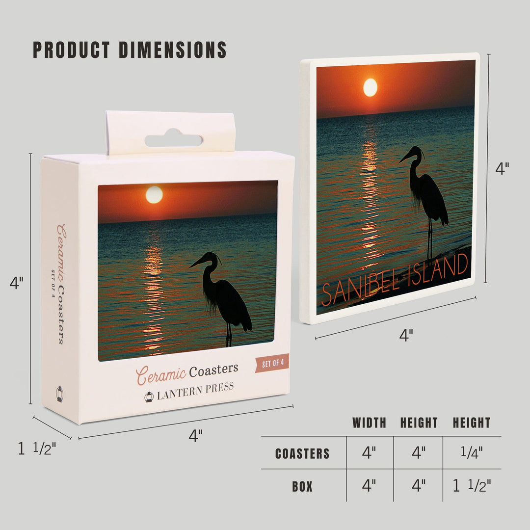 Sanibel Island, Florida, Heron & Sunset, Lantern Press Photography, Coaster Set Coasters Lantern Press 