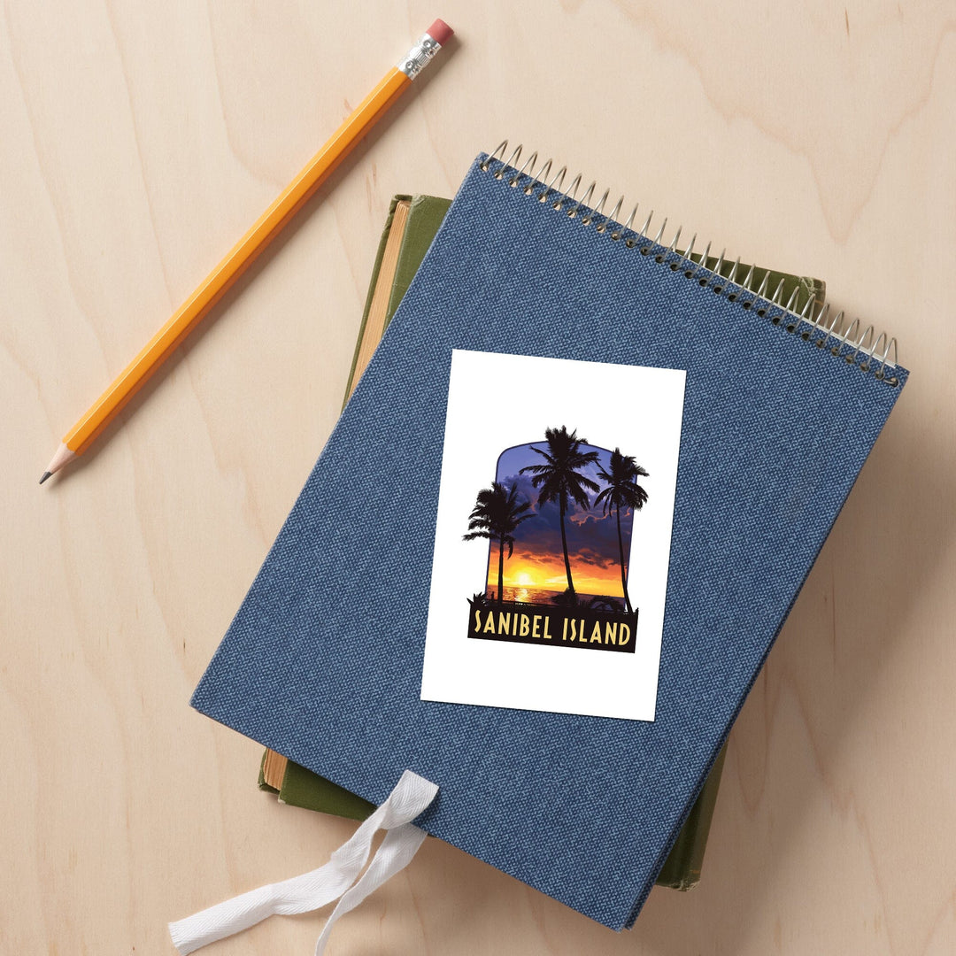 Sanibel Island, Florida, Palm and Sunset, Contour, Vinyl Sticker Sticker Lantern Press 