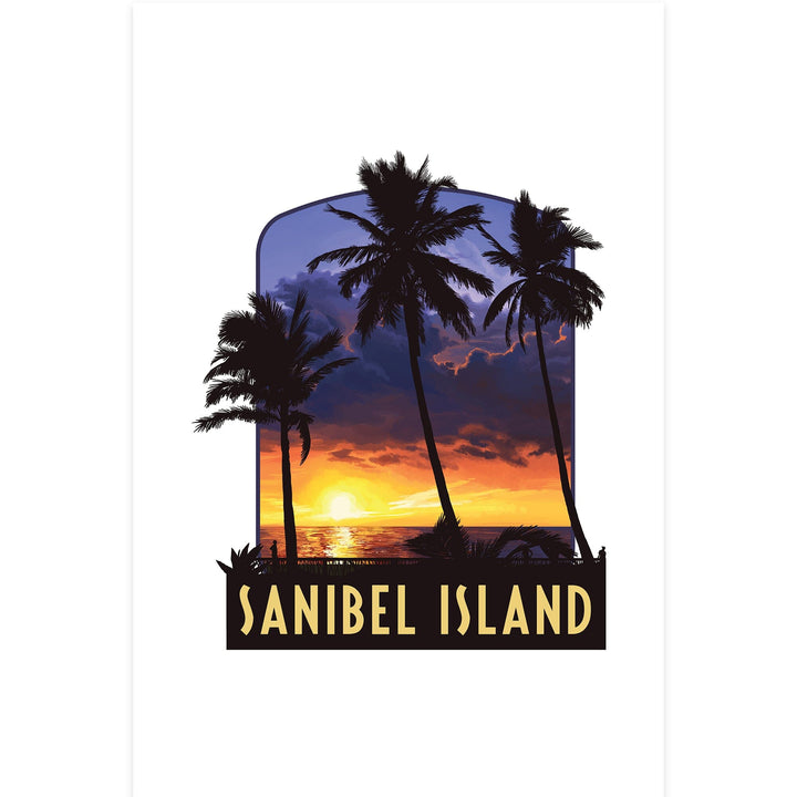 Sanibel Island, Florida, Palm and Sunset, Contour, Vinyl Sticker Sticker Lantern Press 