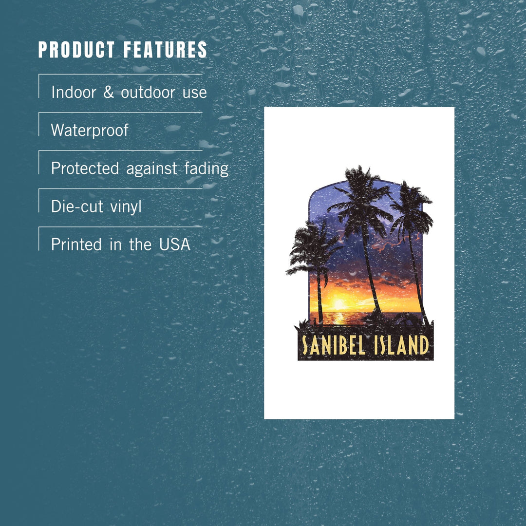 Sanibel Island, Florida, Palm and Sunset, Contour, Vinyl Sticker Sticker Lantern Press 