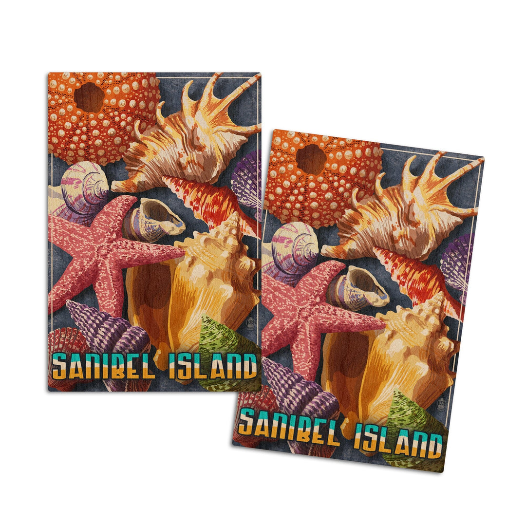 Sanibel Island, Florida, Shell Montage, Lantern Press Poster, Wood Signs and Postcards Wood Lantern Press 4x6 Wood Postcard Set 