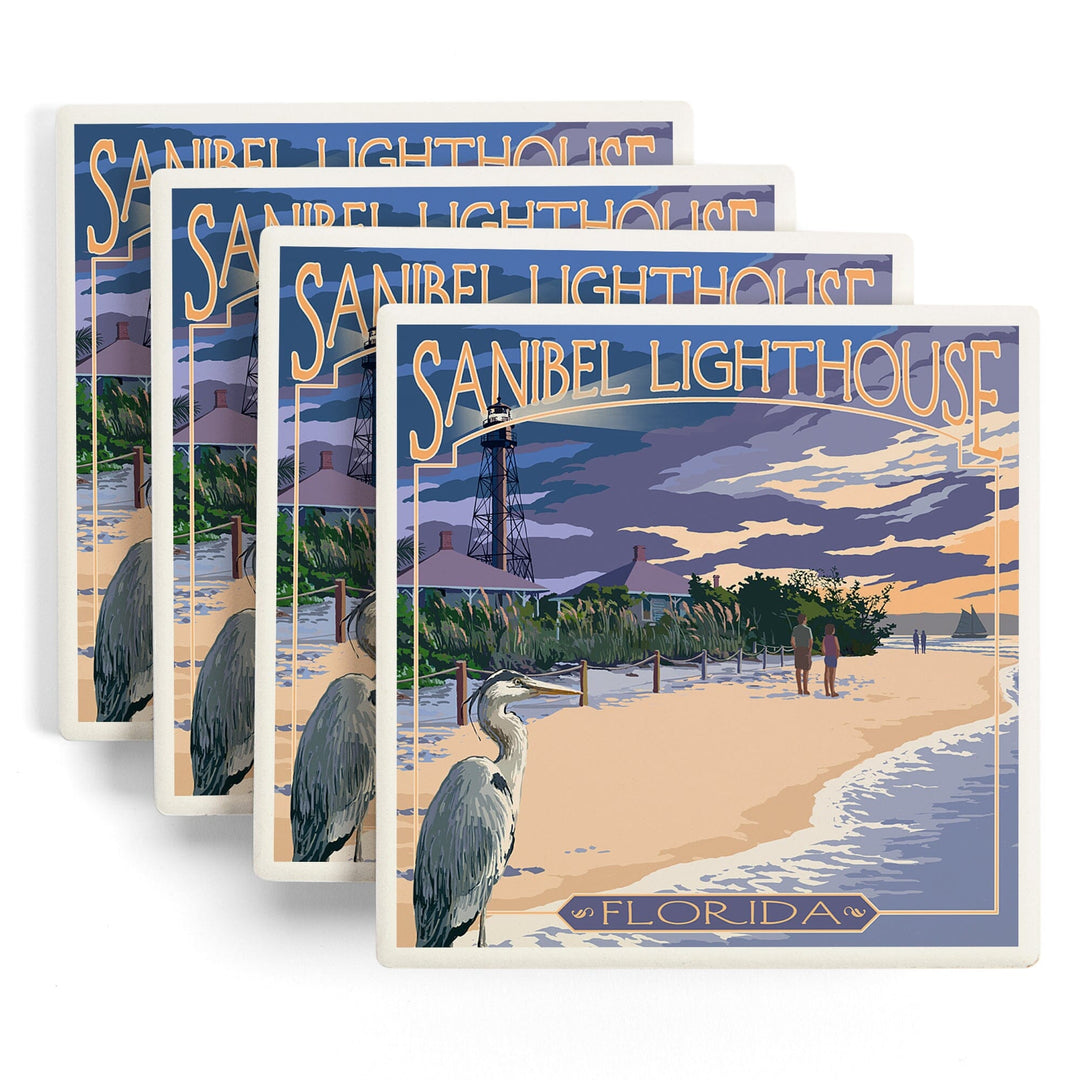 Sanibel Lighthouse, Florida, Lantern Press Artwork, Coaster Set Coasters Lantern Press 