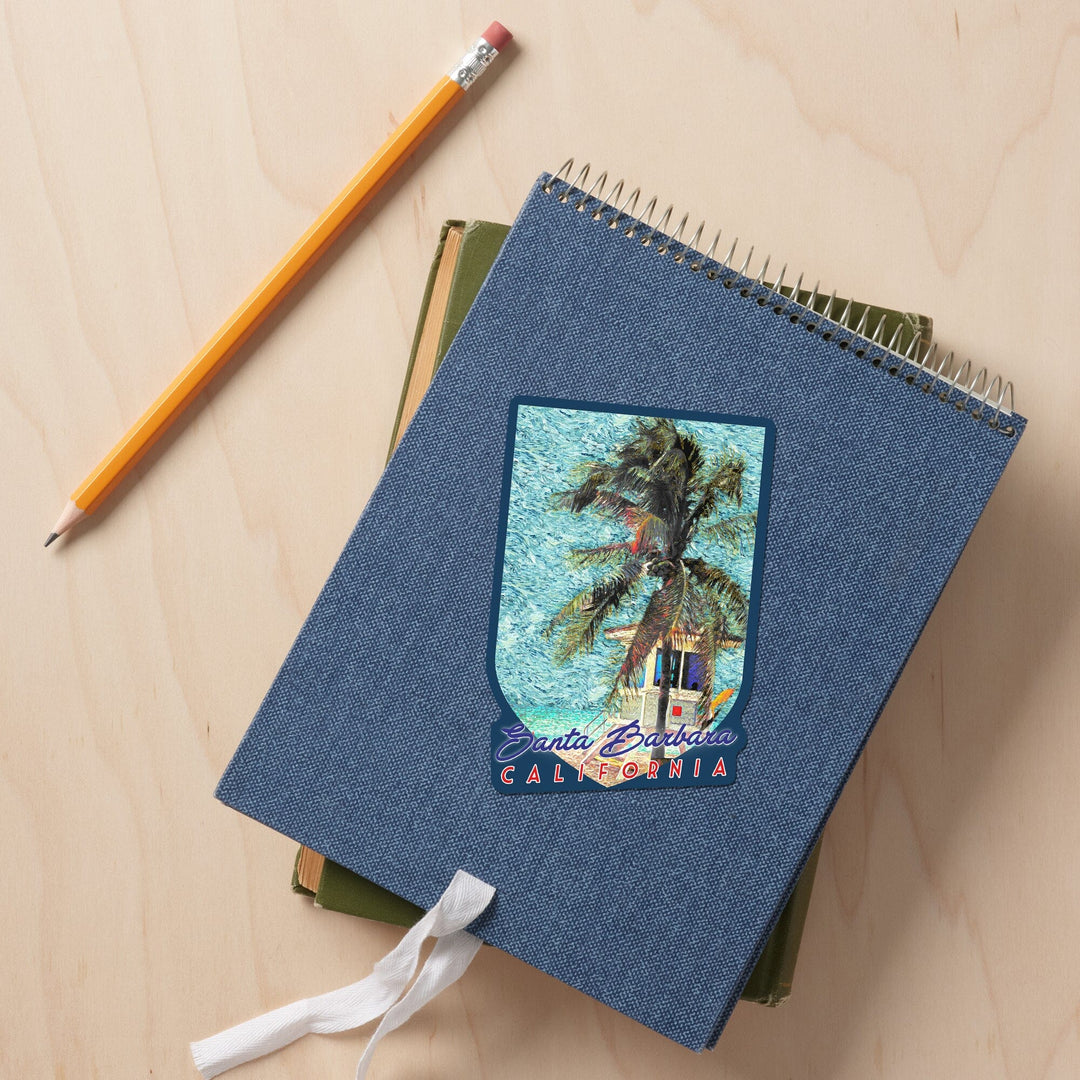 Santa Barbara, California, Beach and Lifeguard Shack, Van Gogh Style, Contour, Vinyl Sticker Sticker Lantern Press 
