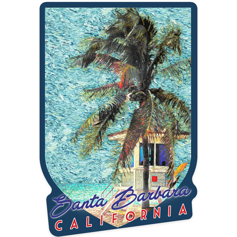 Santa Barbara, California, Beach and Lifeguard Shack, Van Gogh Style, Contour, Vinyl Sticker Sticker Lantern Press 