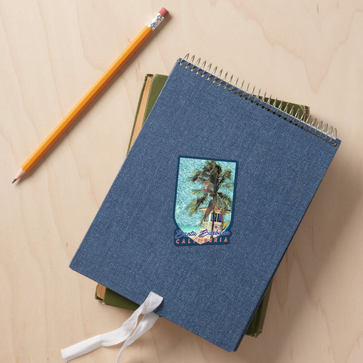 Santa Barbara, California, Beach and Lifeguard Shack, Van Gogh Style, Contour, Vinyl Sticker Sticker Lantern Press 