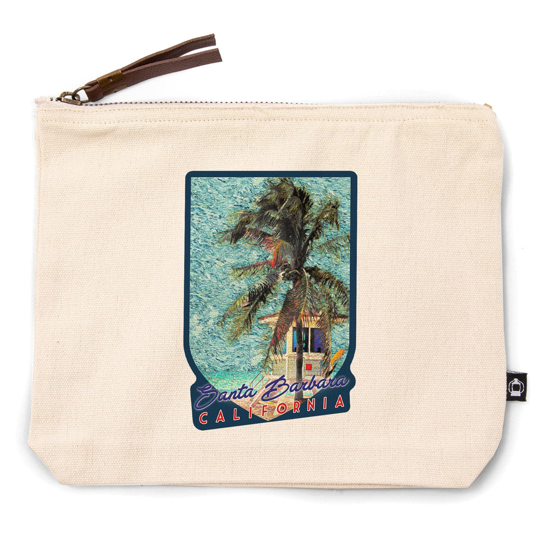 Santa Barbara, California, Beach and Lifeguard Shack, Van Gogh Style,, Organic Cotton Zipper Pouch, Go Bag Go Bag Lantern Press 