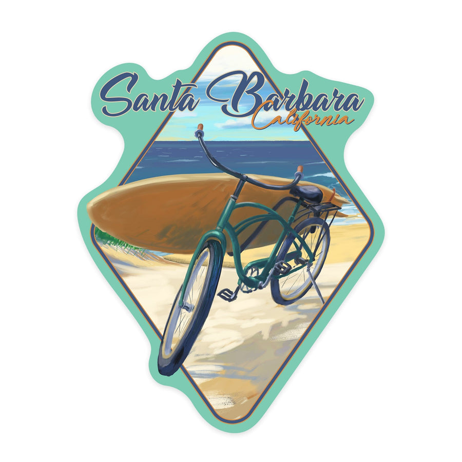 Santa Barbara, California, Beach Cruiser on Beach, Contour, Lantern Press Artwork, Vinyl Sticker Sticker Lantern Press 