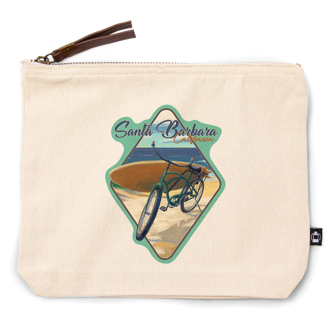 Santa Barbara, California, Beach Cruiser on Beach,, Organic Cotton Zipper Pouch, Go Bag Go Bag Lantern Press 