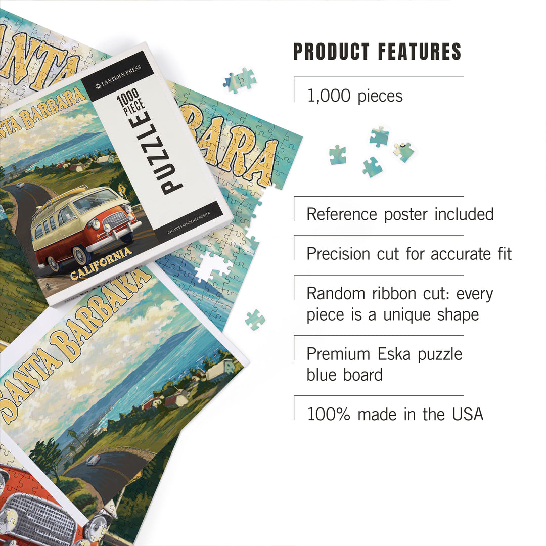 Santa Barbara, California, Camper Van, Jigsaw Puzzle Puzzle Lantern Press 