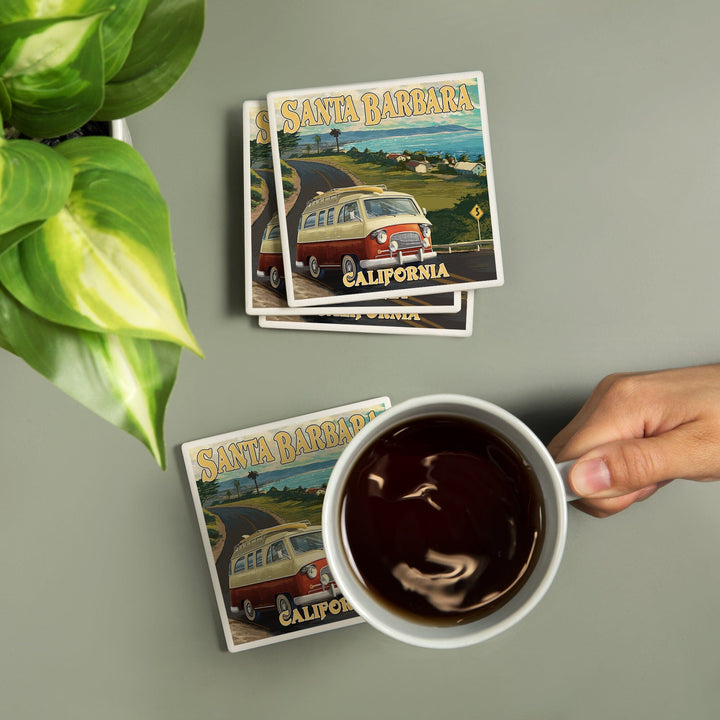 Santa Barbara, California, Camper Van, Lantern Press Artwork, Coaster Set Coasters Lantern Press 