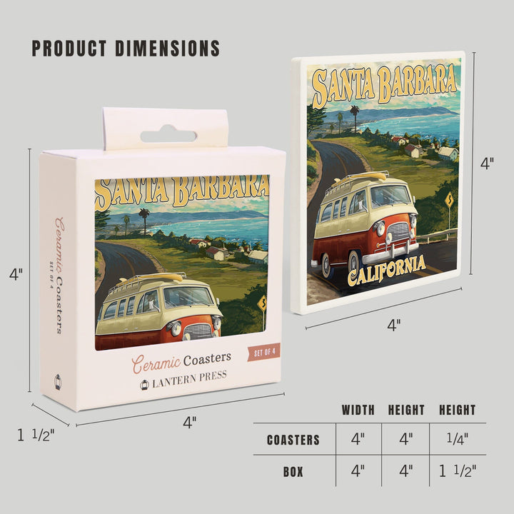 Santa Barbara, California, Camper Van, Lantern Press Artwork, Coaster Set Coasters Lantern Press 