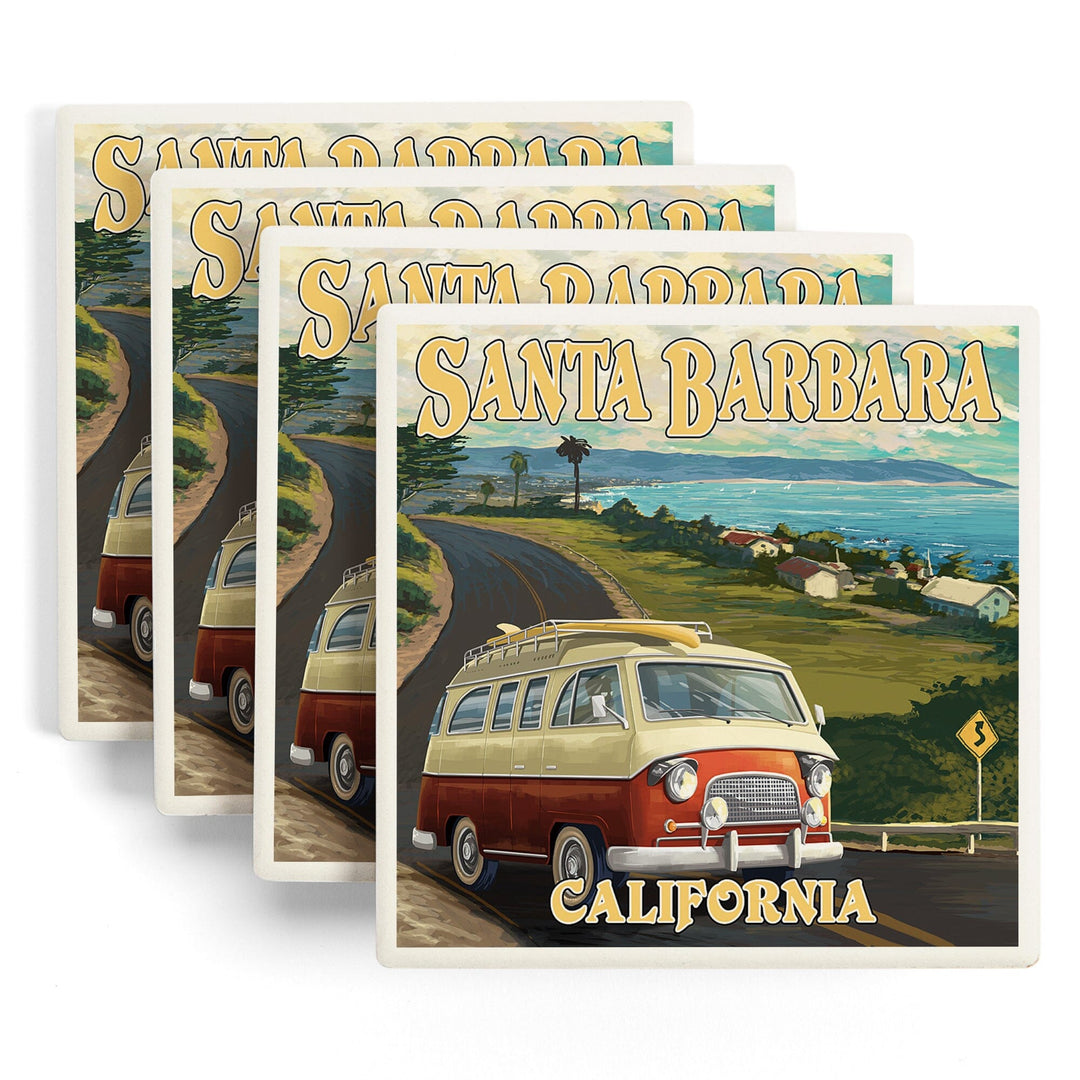 Santa Barbara, California, Camper Van, Lantern Press Artwork, Coaster Set Coasters Lantern Press 