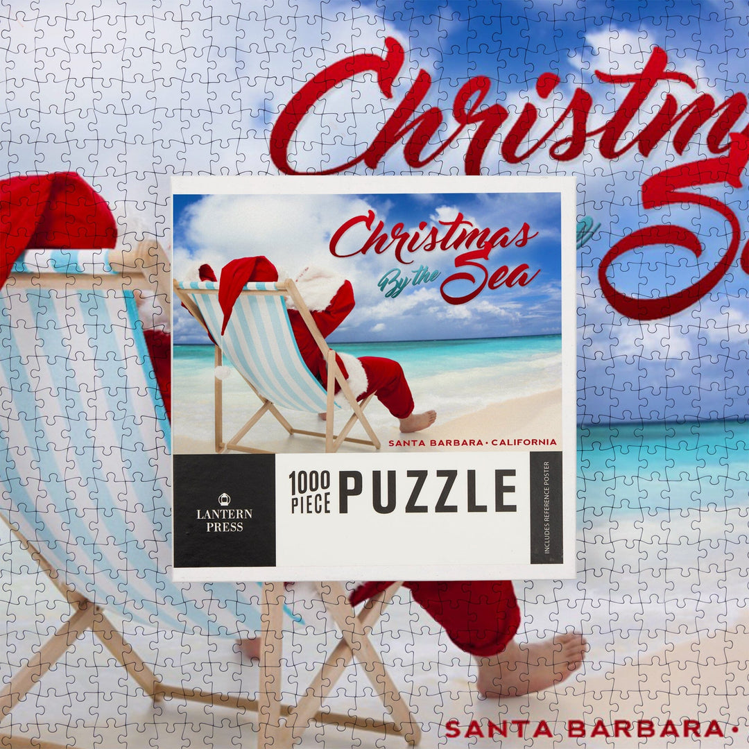 Santa Barbara, California, Christmas by the Sea, Santa on the Beach, Sentiment, Jigsaw Puzzle Puzzle Lantern Press 