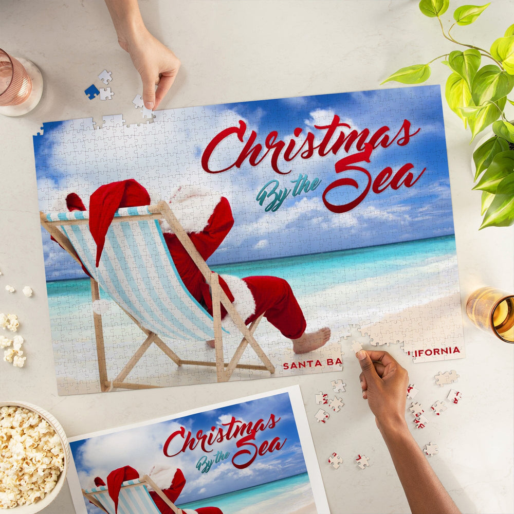 Santa Barbara, California, Christmas by the Sea, Santa on the Beach, Sentiment, Jigsaw Puzzle Puzzle Lantern Press 