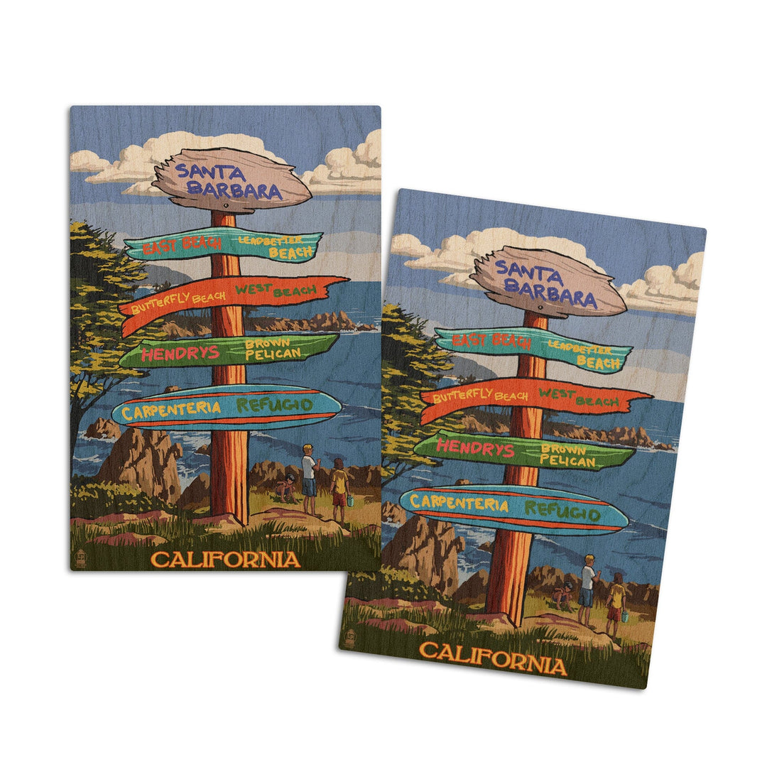 Santa Barbara, California, Destination Sign, Lantern Press Poster, Wood Signs and Postcards Wood Lantern Press 4x6 Wood Postcard Set 